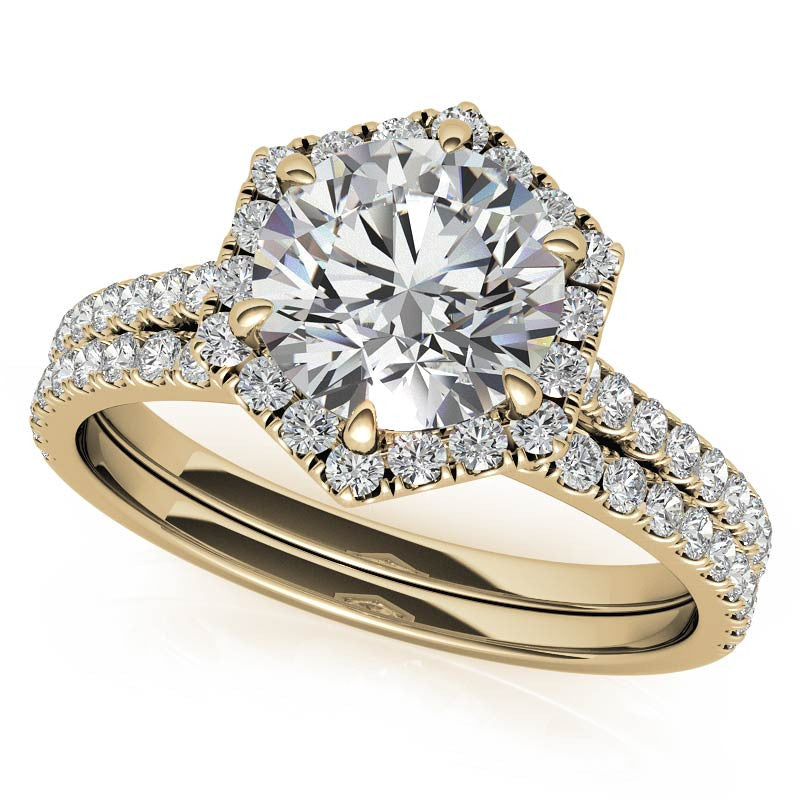 Hexagon Halo Round Brilliant Moissanite Engagement Ring