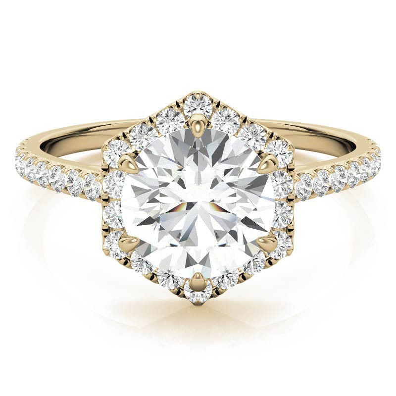 Hexagon Halo Round Brilliant Moissanite Engagement Ring