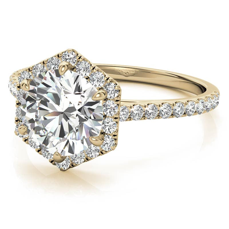 Hexagon Halo Round Brilliant Moissanite Engagement Ring