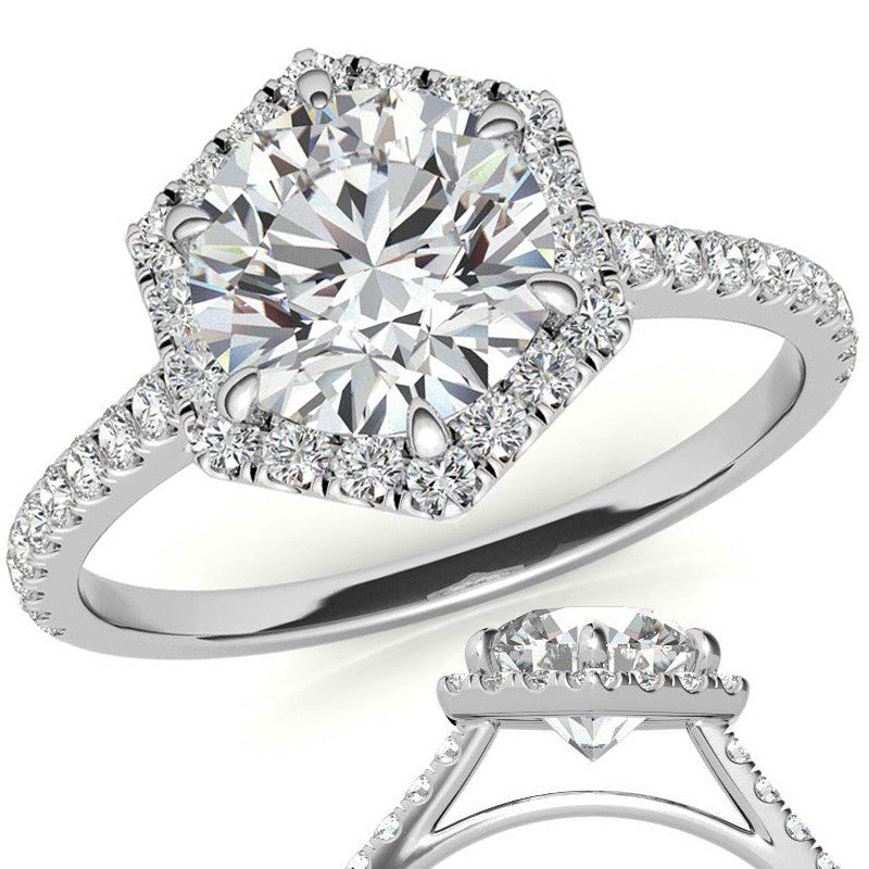 Hexagon Halo Round Brilliant Moissanite Engagement Ring
