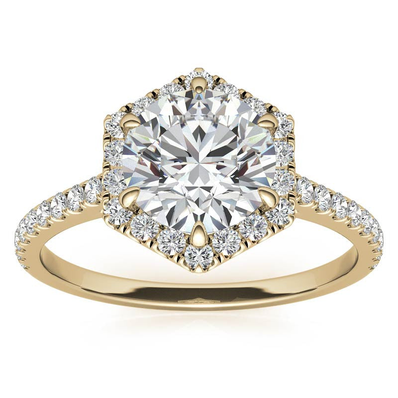 Hexagon Halo Round Brilliant Moissanite Engagement Ring