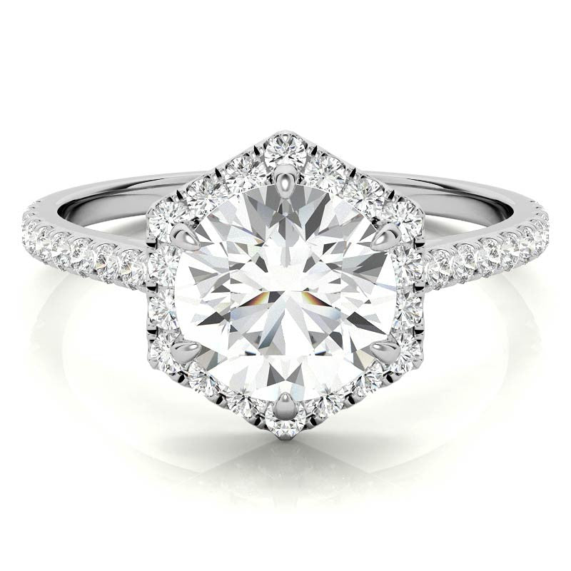 Hexagon Halo Round Brilliant Moissanite Engagement Ring