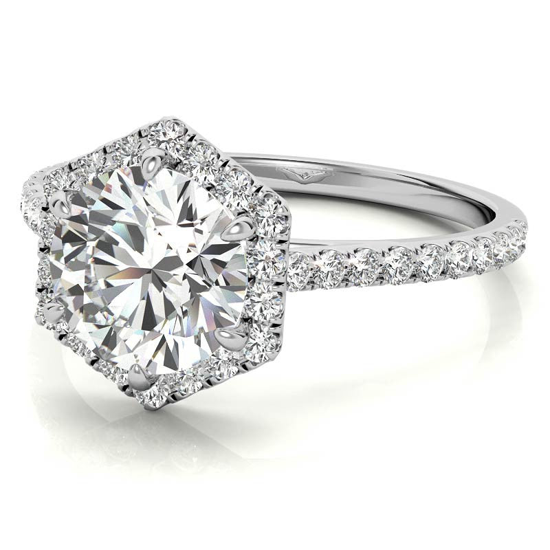 Hexagon Halo Round Brilliant Moissanite Engagement Ring