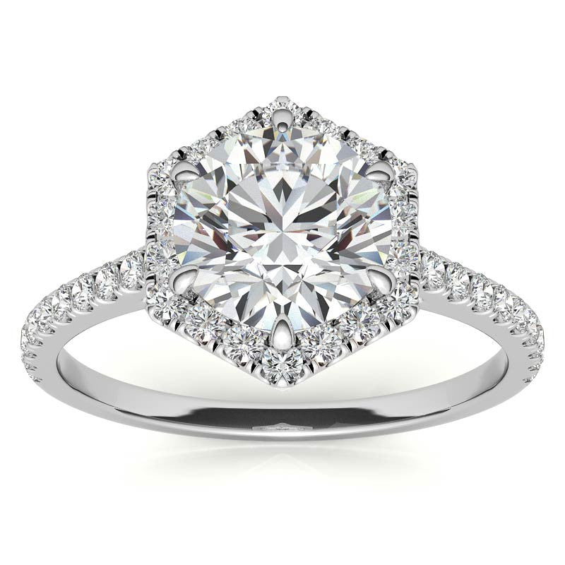 Hexagon Halo Round Brilliant Moissanite Engagement Ring