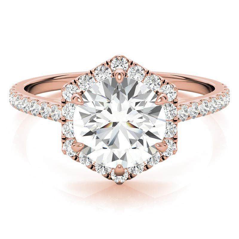 Hexagon Halo Round Brilliant Moissanite Engagement Ring
