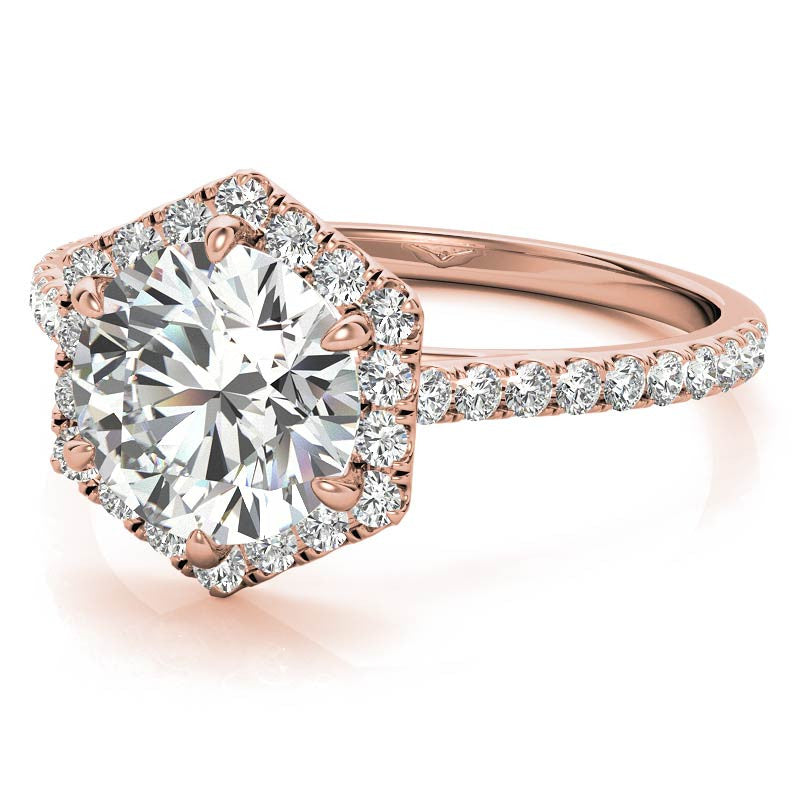 Hexagon Halo Round Brilliant Moissanite Engagement Ring