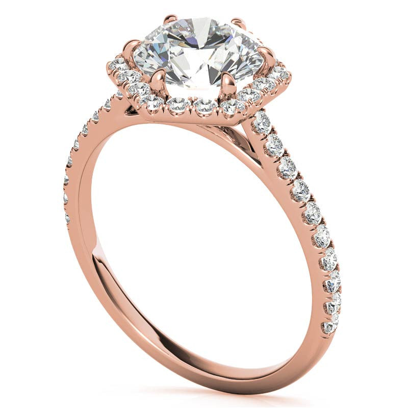 Hexagon Halo Round Brilliant Moissanite Engagement Ring