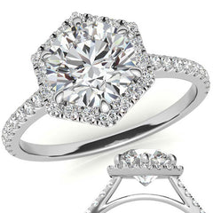 Hexagon Halo Round Brilliant Moissanite Engagement Ring