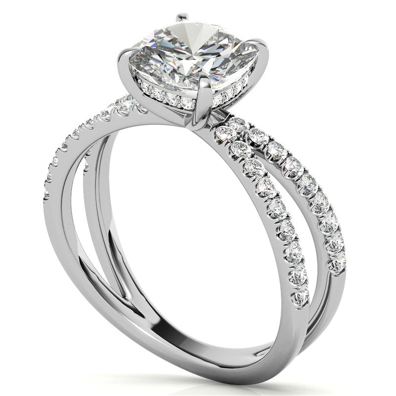 Split Shank Hidden Halo Cushion Moissanite Engagement Ring