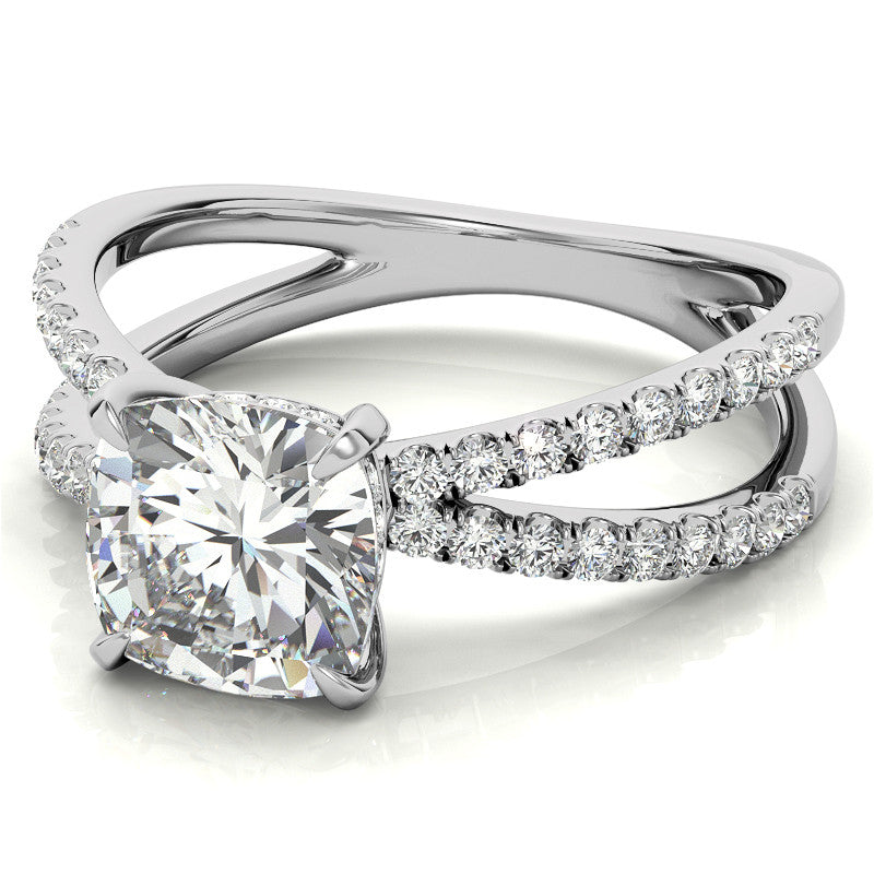 Split Shank Hidden Halo Cushion Moissanite Engagement Ring