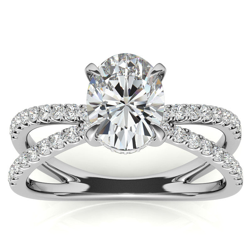 Split Shank Hidden Halo Oval Moissanite Engagement Ring
