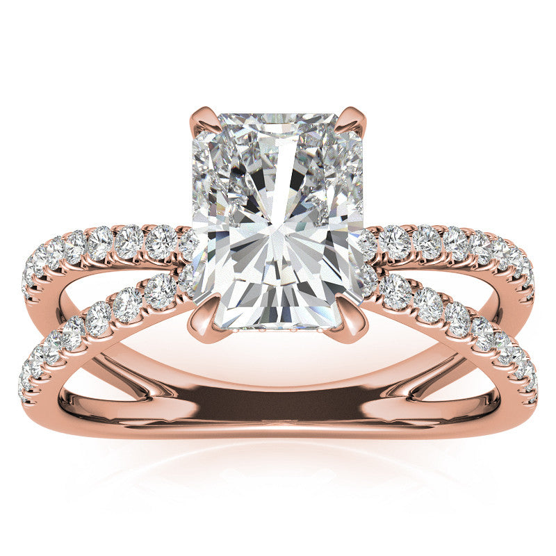 Split Shank Hidden Halo Emerald / Radiant Moissanite Engagement Ring