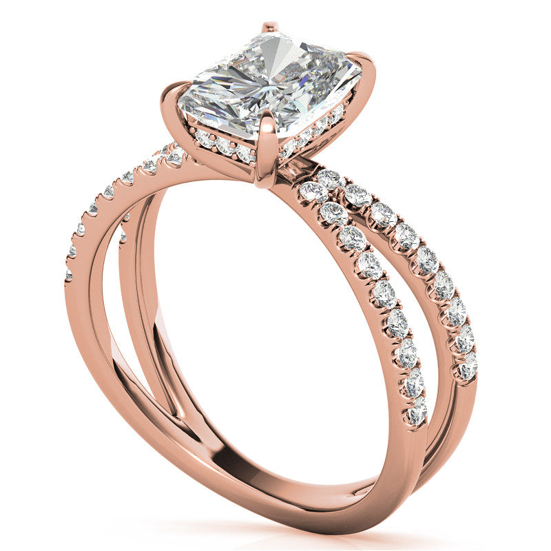 Split Shank Hidden Halo Emerald / Radiant Moissanite Engagement Ring
