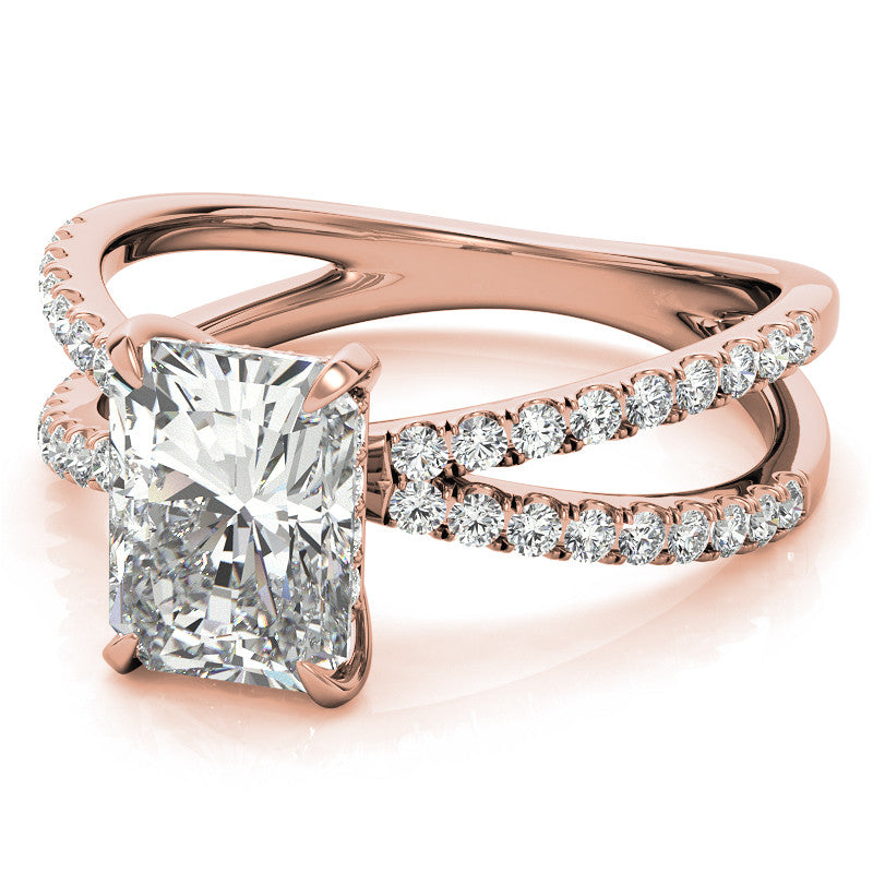 Split Shank Hidden Halo Emerald / Radiant Moissanite Engagement Ring