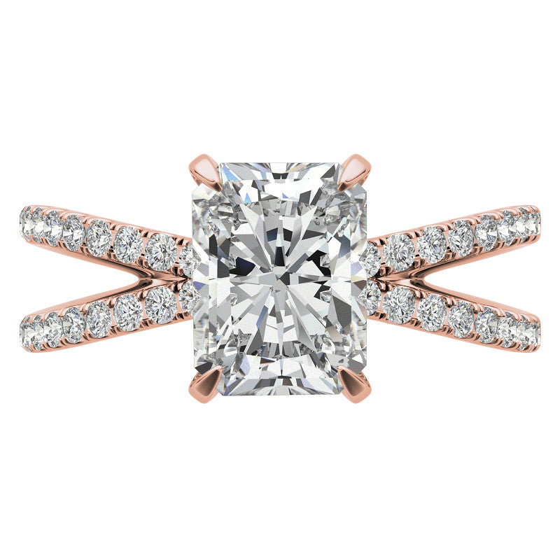 Split Shank Hidden Halo Emerald / Radiant Moissanite Engagement Ring