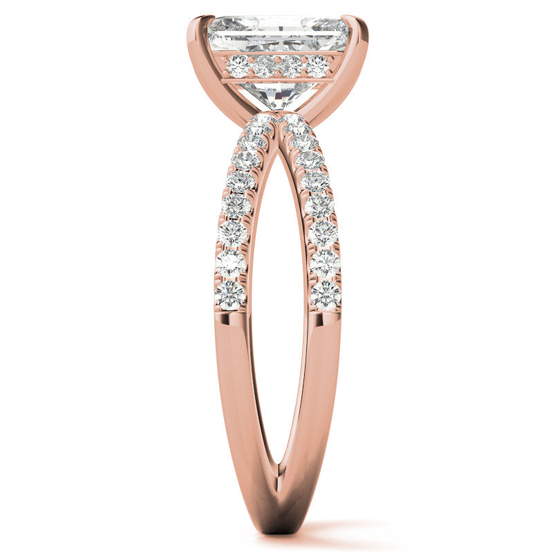Split Shank Hidden Halo Emerald / Radiant Moissanite Engagement Ring