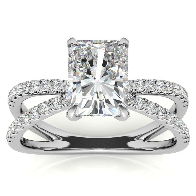 Split Shank Hidden Halo Emerald / Radiant Moissanite Engagement Ring