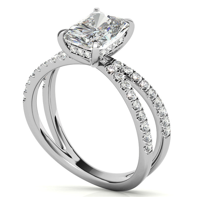 Split Shank Hidden Halo Emerald / Radiant Moissanite Engagement Ring