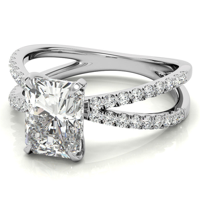 Split Shank Hidden Halo Emerald / Radiant Moissanite Engagement Ring
