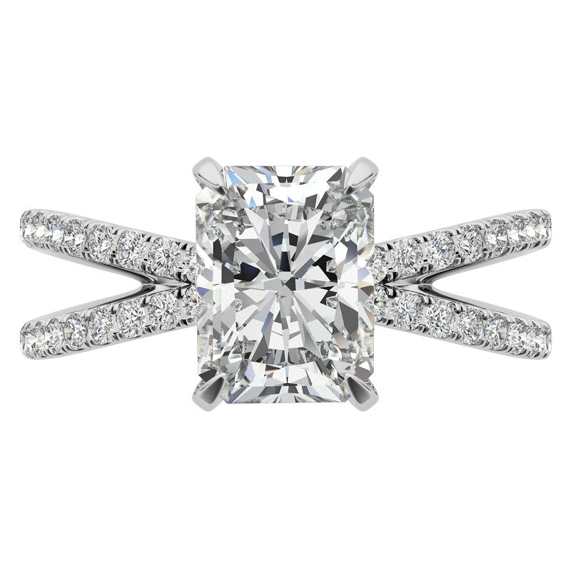 Split Shank Hidden Halo Emerald / Radiant Moissanite Engagement Ring