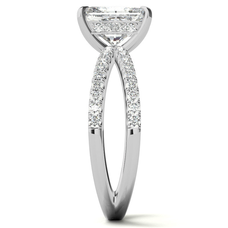 Split Shank Hidden Halo Emerald / Radiant Moissanite Engagement Ring