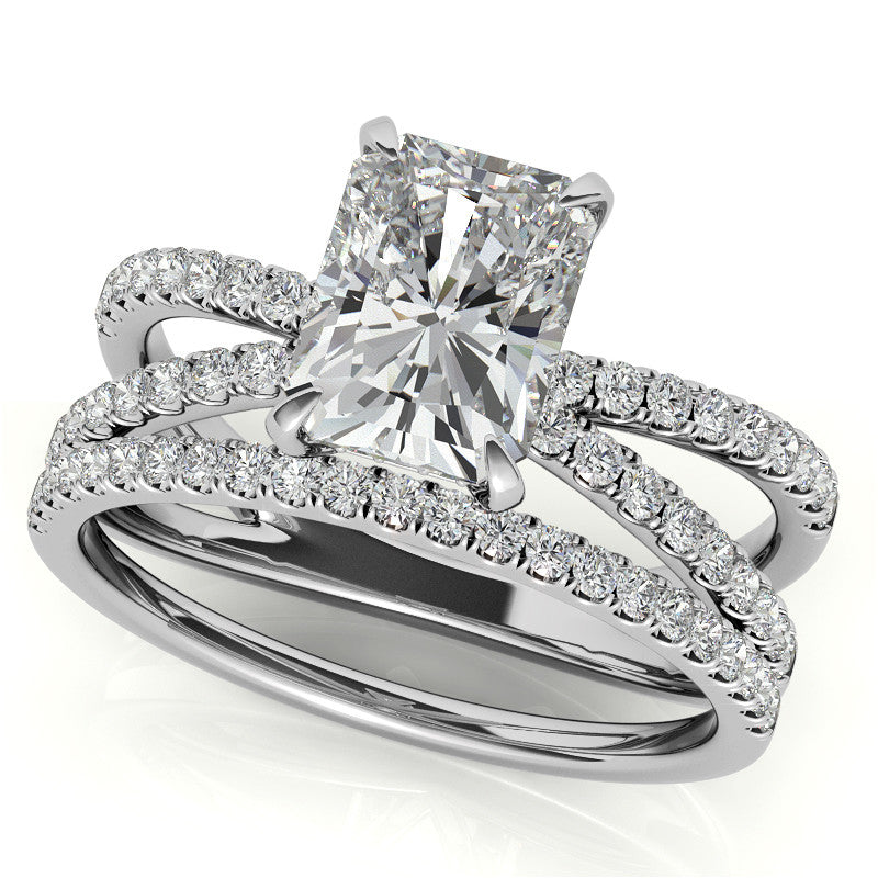 Split Shank Hidden Halo Emerald / Radiant Moissanite Engagement Ring