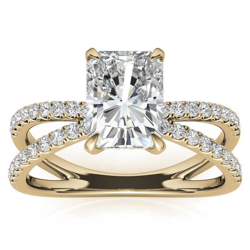 Split Shank Hidden Halo Emerald / Radiant Moissanite Engagement Ring