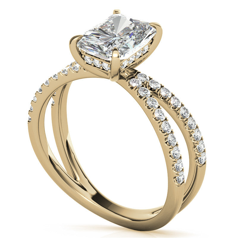 Split Shank Hidden Halo Emerald / Radiant Moissanite Engagement Ring