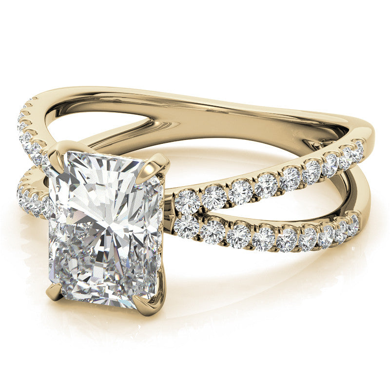 Split Shank Hidden Halo Emerald / Radiant Moissanite Engagement Ring