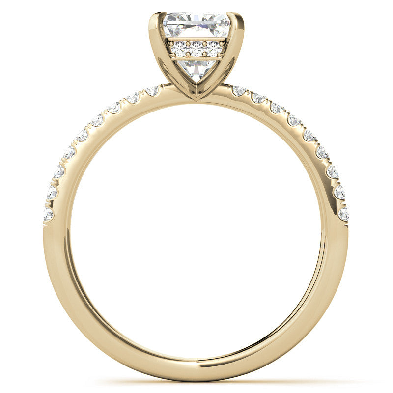 Split Shank Hidden Halo Emerald / Radiant Moissanite Engagement Ring