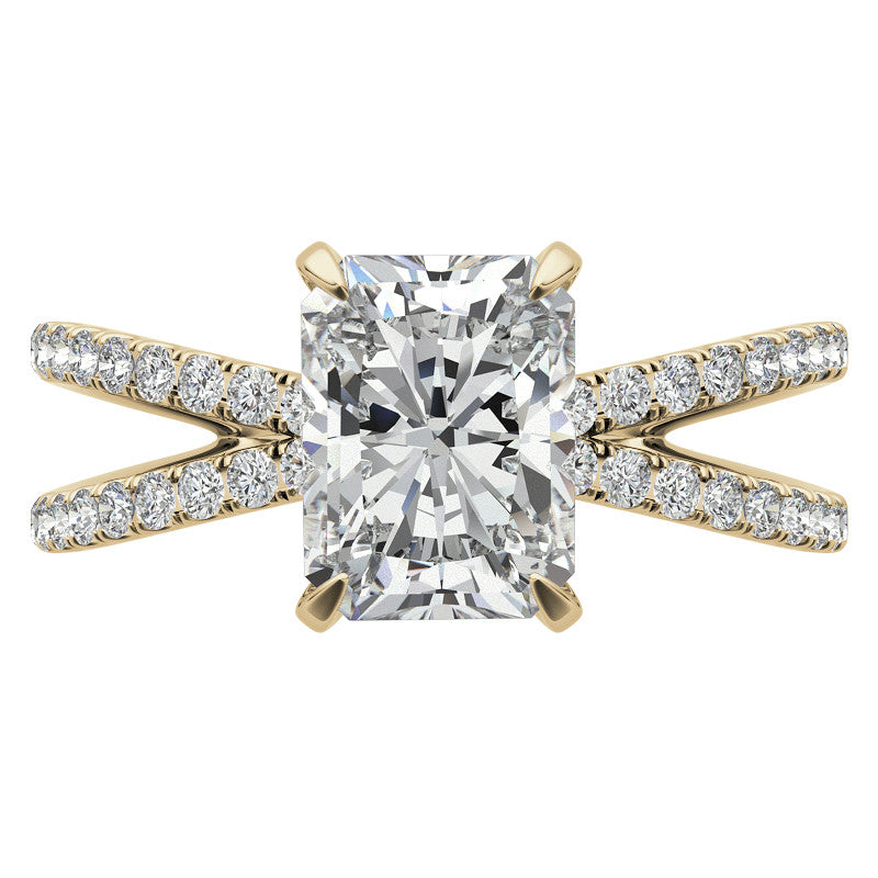 Split Shank Hidden Halo Emerald / Radiant Moissanite Engagement Ring