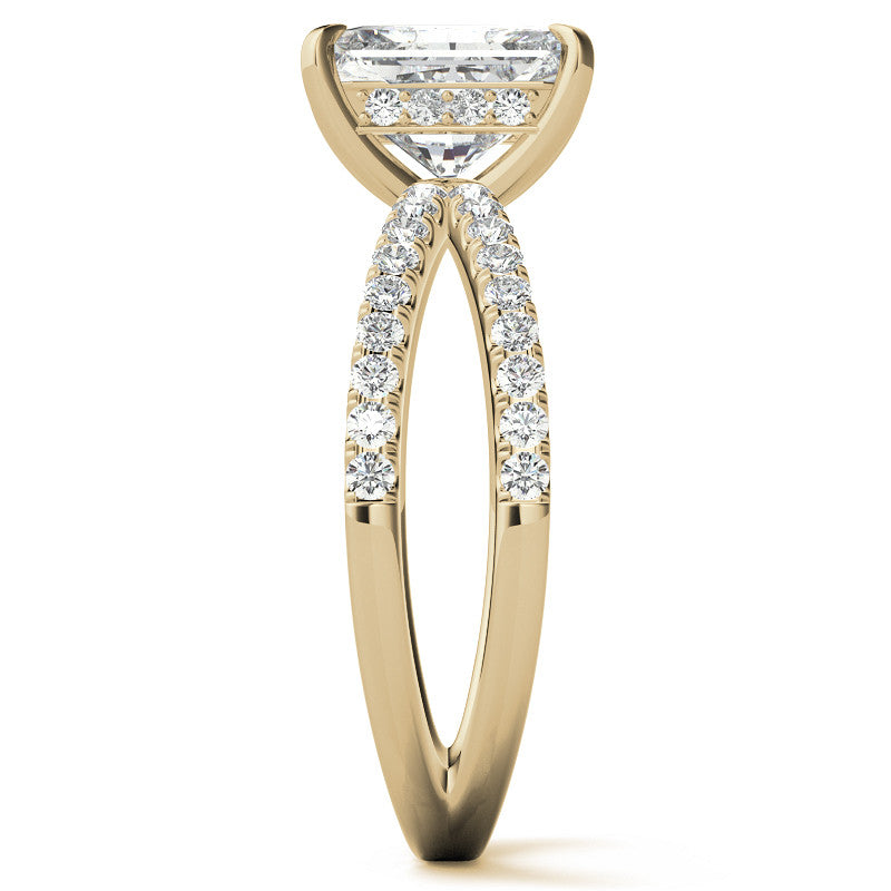 Split Shank Hidden Halo Emerald / Radiant Moissanite Engagement Ring