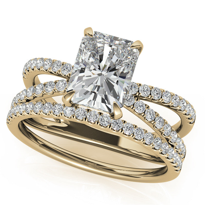 Split Shank Hidden Halo Emerald / Radiant Moissanite Engagement Ring
