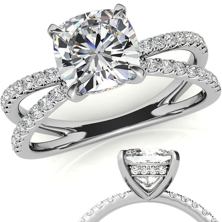 Split Shank Hidden Halo Cushion Moissanite Engagement Ring