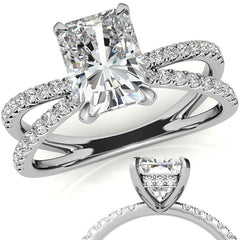 Split Shank Hidden Halo Emerald / Radiant Moissanite Engagement Ring