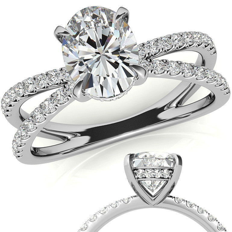 Split Shank Hidden Halo Oval Moissanite Engagement Ring
