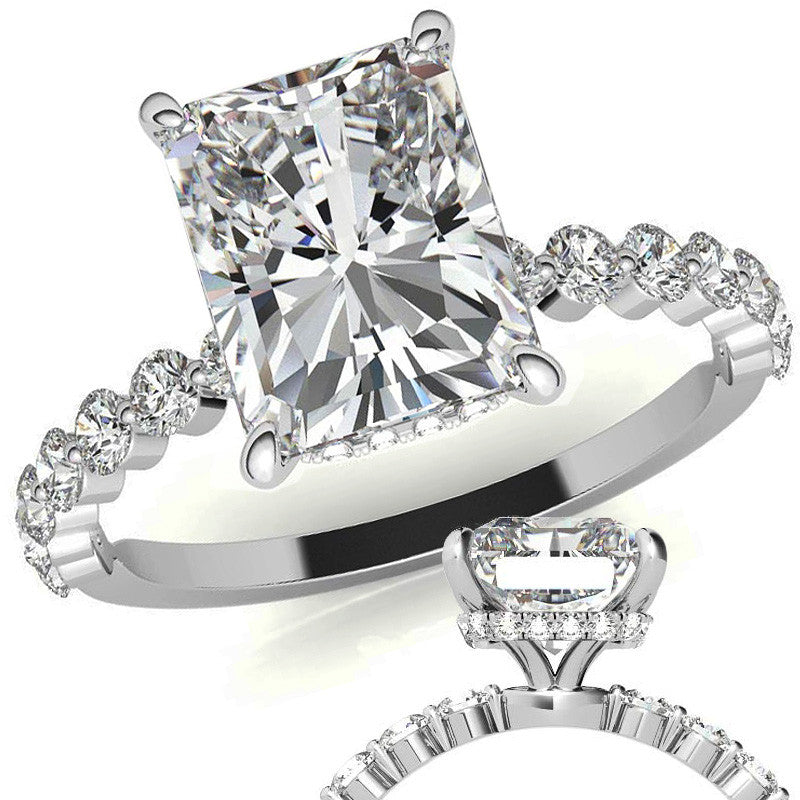 Emerald / Radiant Moissanite and Diamond Collar Engagement Ring