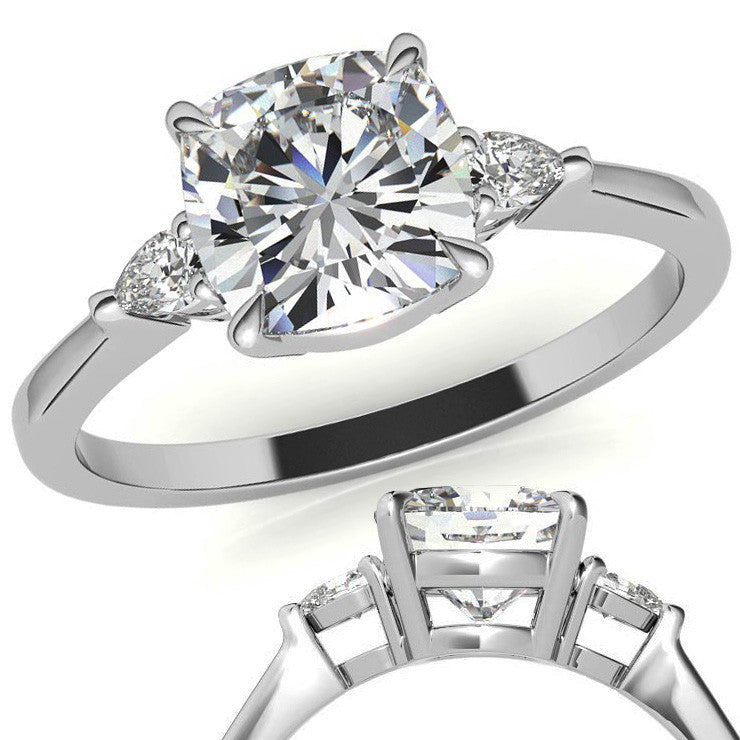 Cushion Moissanite and Diamond Pear 3-Stone Engagement Ring