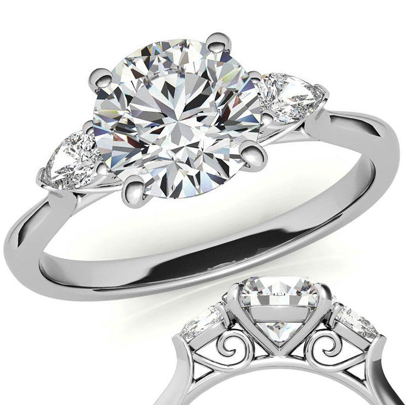 Round and Pear Moissanite Cathedral 3-Stone Ring