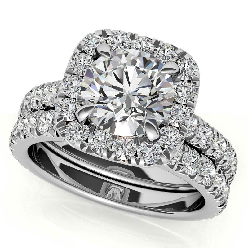 Round Brilliant Moissanite with Cushion Halo Engagement Ring
