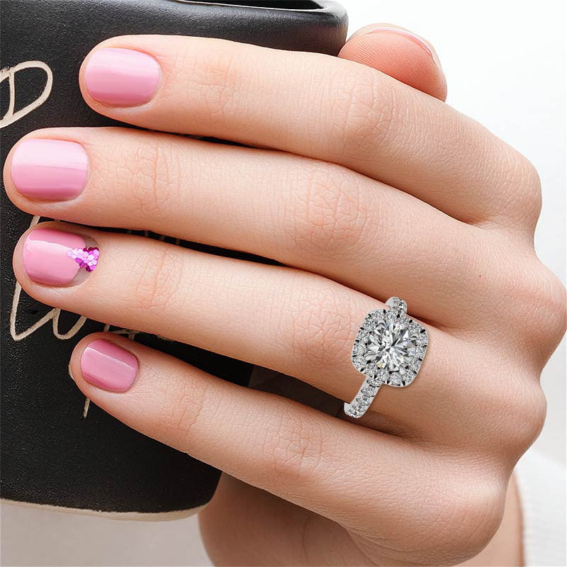 Round Brilliant Moissanite with Cushion Halo Engagement Ring