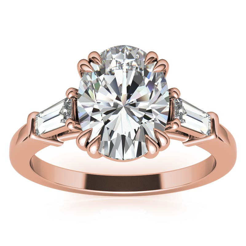 Oval Moissanite Tapered Baguette Double Claw Prong Engagement Ring