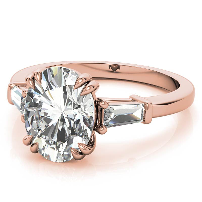 Oval Moissanite Tapered Baguette Double Claw Prong Engagement Ring
