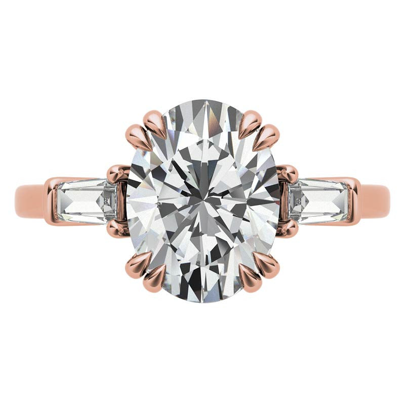 Oval Moissanite Tapered Baguette Double Claw Prong Engagement Ring