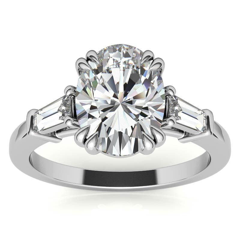 Oval Moissanite Tapered Baguette Double Claw Prong Engagement Ring