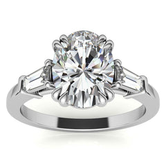 Oval Moissanite Tapered Baguette Double Claw Prong Engagement Ring