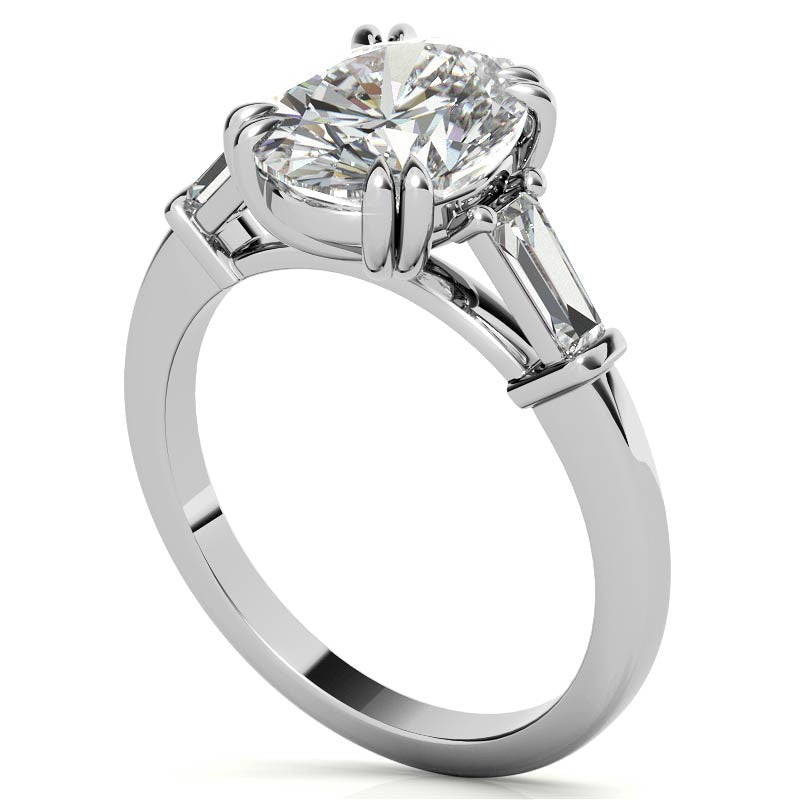 Oval Moissanite Tapered Baguette Double Claw Prong Engagement Ring