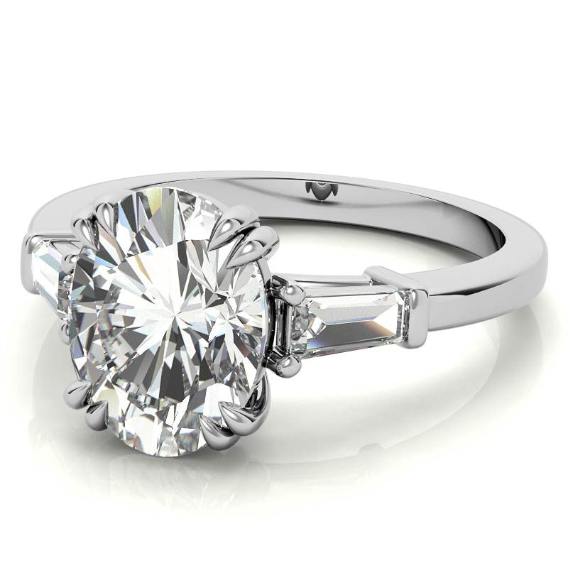 Oval Moissanite Tapered Baguette Double Claw Prong Engagement Ring
