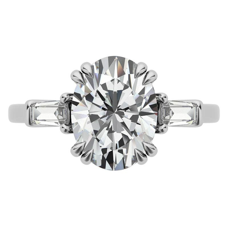 Oval Moissanite Tapered Baguette Double Claw Prong Engagement Ring