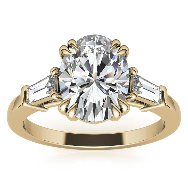 Oval Moissanite Tapered Baguette Double Claw Prong Engagement Ring